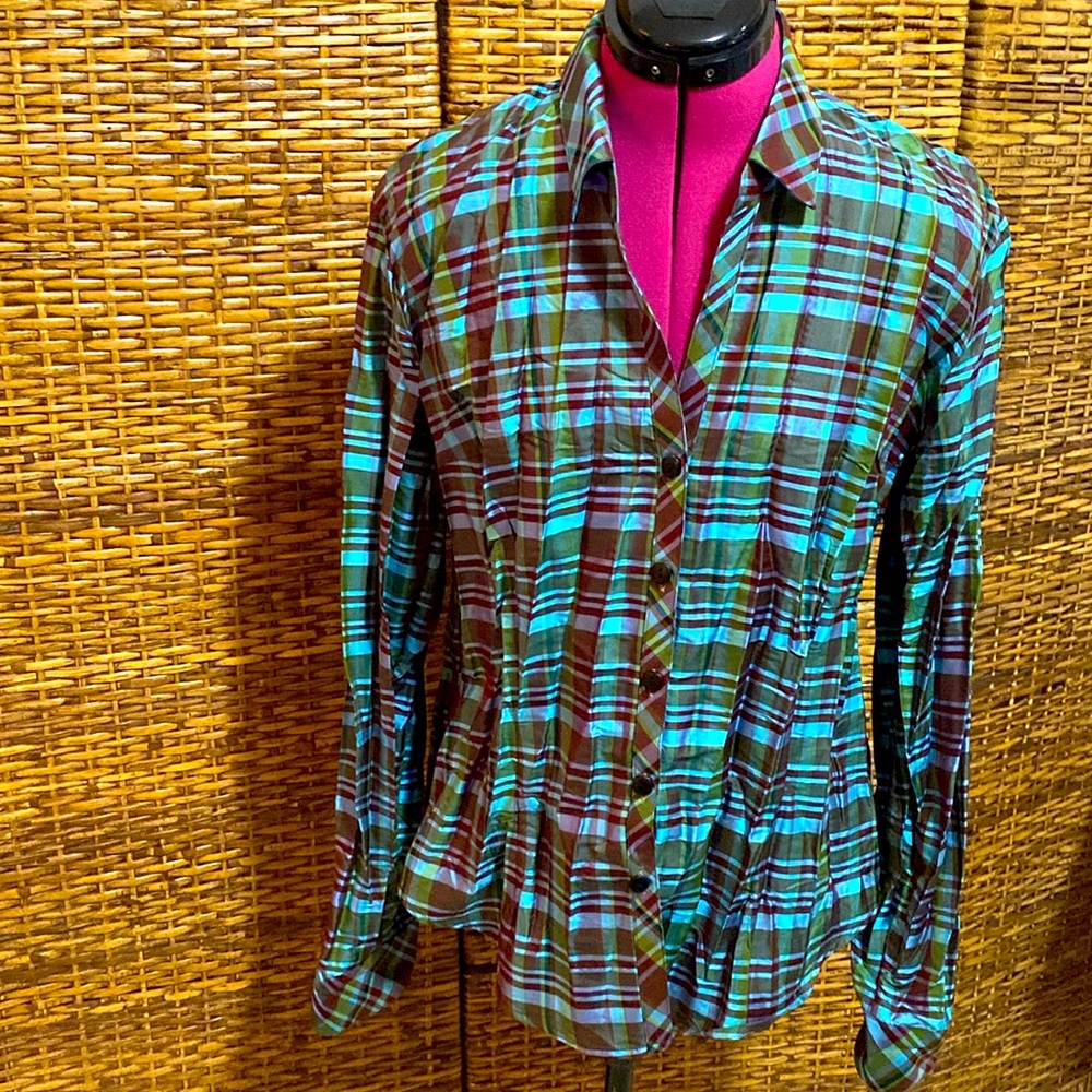 NWOT Beluva San Francisco Crinkle taffata bright blue green brown Blouse Size L